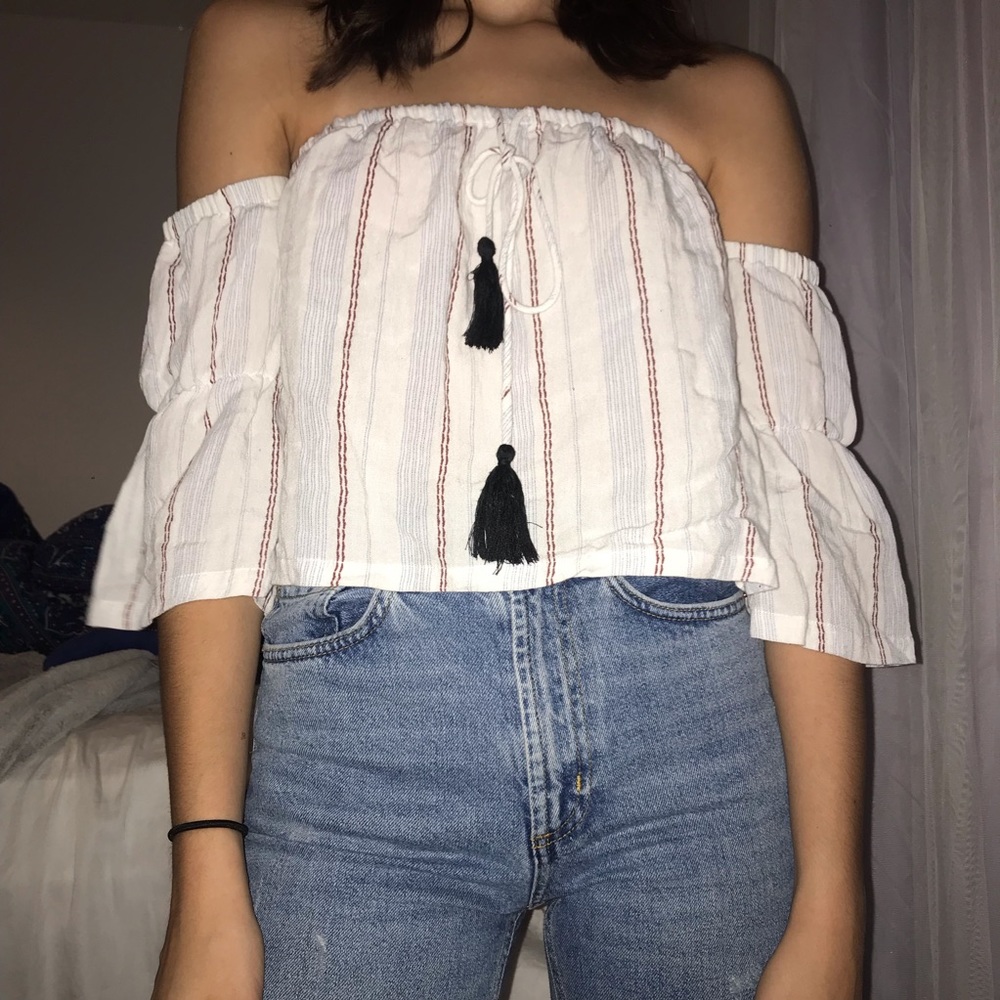 Off the shoulder cropped bohemian style shirt